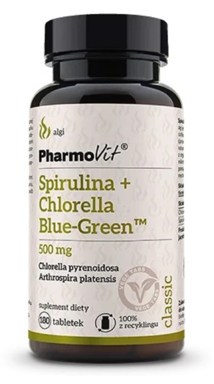 SPIRULINA + CHLORELLA BLUE-GREEN BEZGLUTENOWA 180 TABLETEK - PHARMOVIT (CLASSIC)